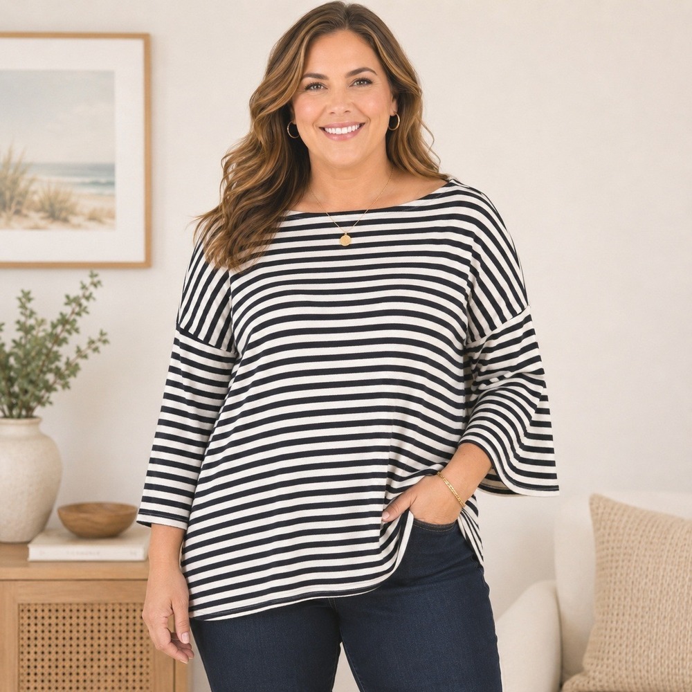 Talbots Woman 3X Nautical Stripe Top‎ Navy Ivory Metallic Boat Neck 3/4 Sleeve